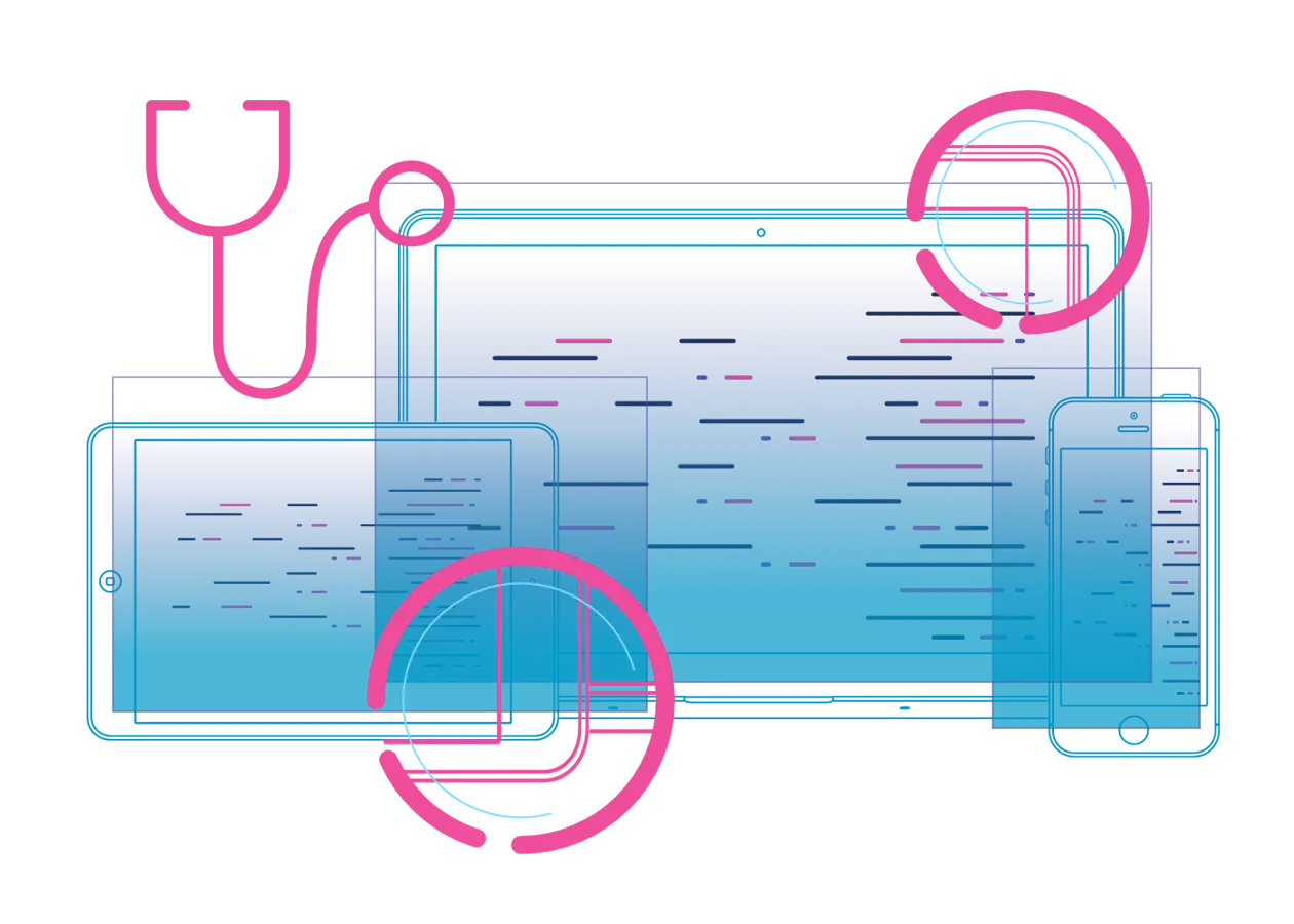 a blue and pink graphic with a stethoscope and circles
