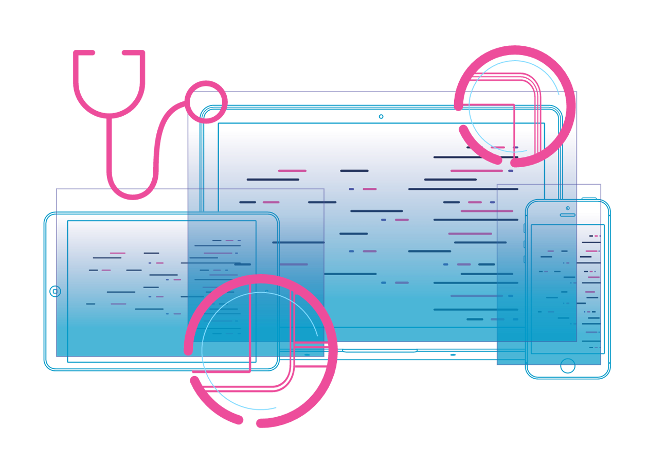 a blue and pink graphic with a stethoscope and circles
