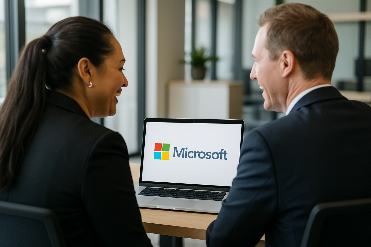 a man and woman looking at a laptop