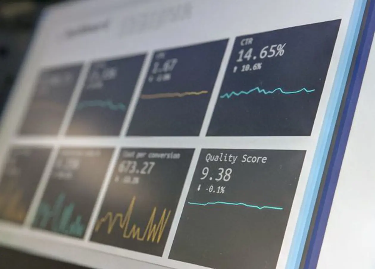 Analytics dashboard with several tiles showing line graphs and metrics like CTR and Quality Score