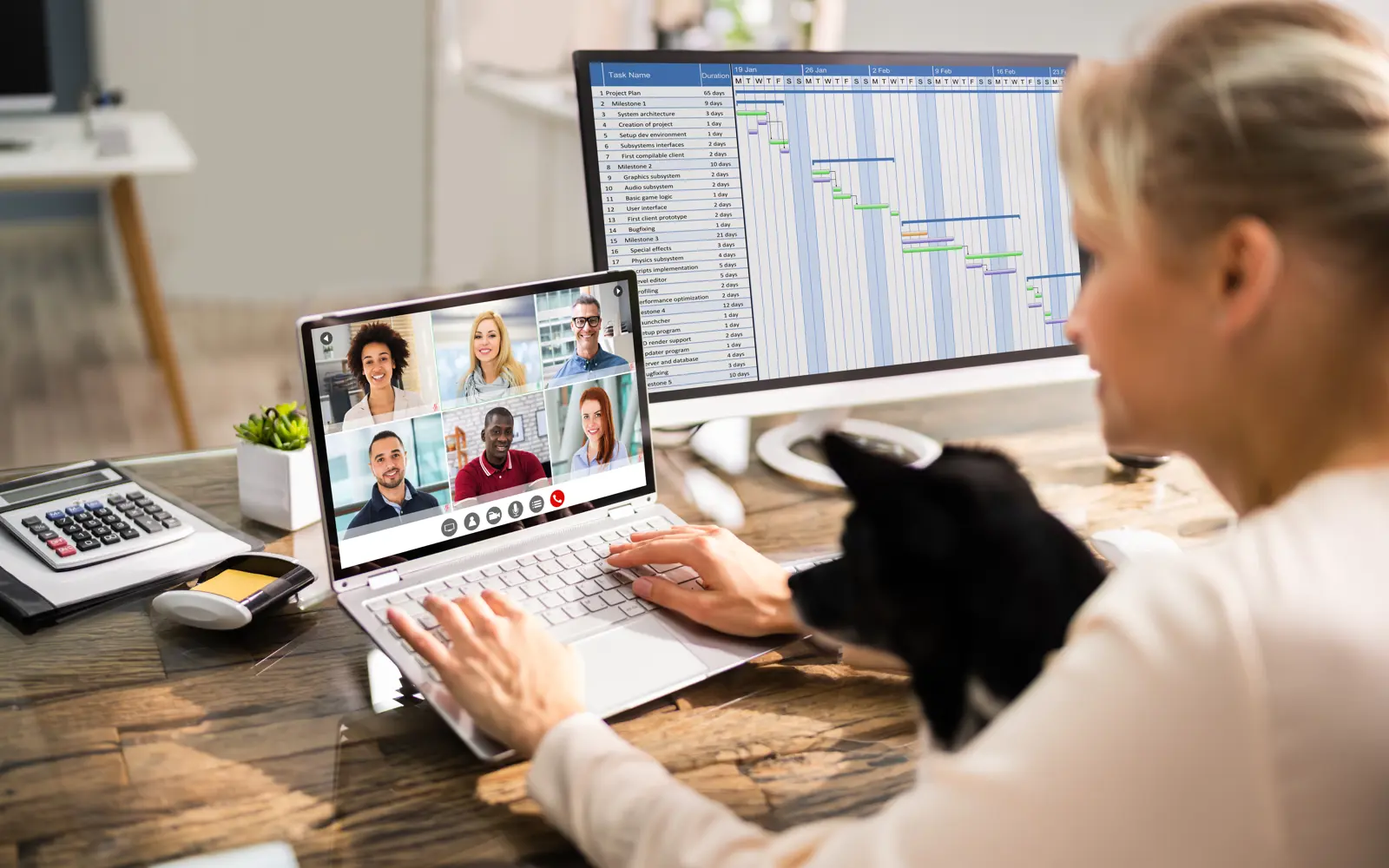 Woman on a video call at her desk, Gantt chart on a second monitor, dog on her lap