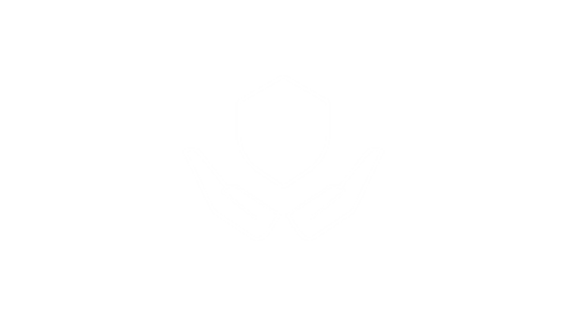 a white outline of a shield and two hands