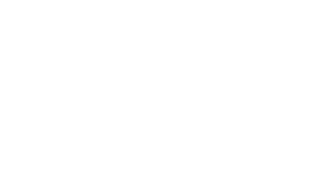 a white outline of a shield and two hands