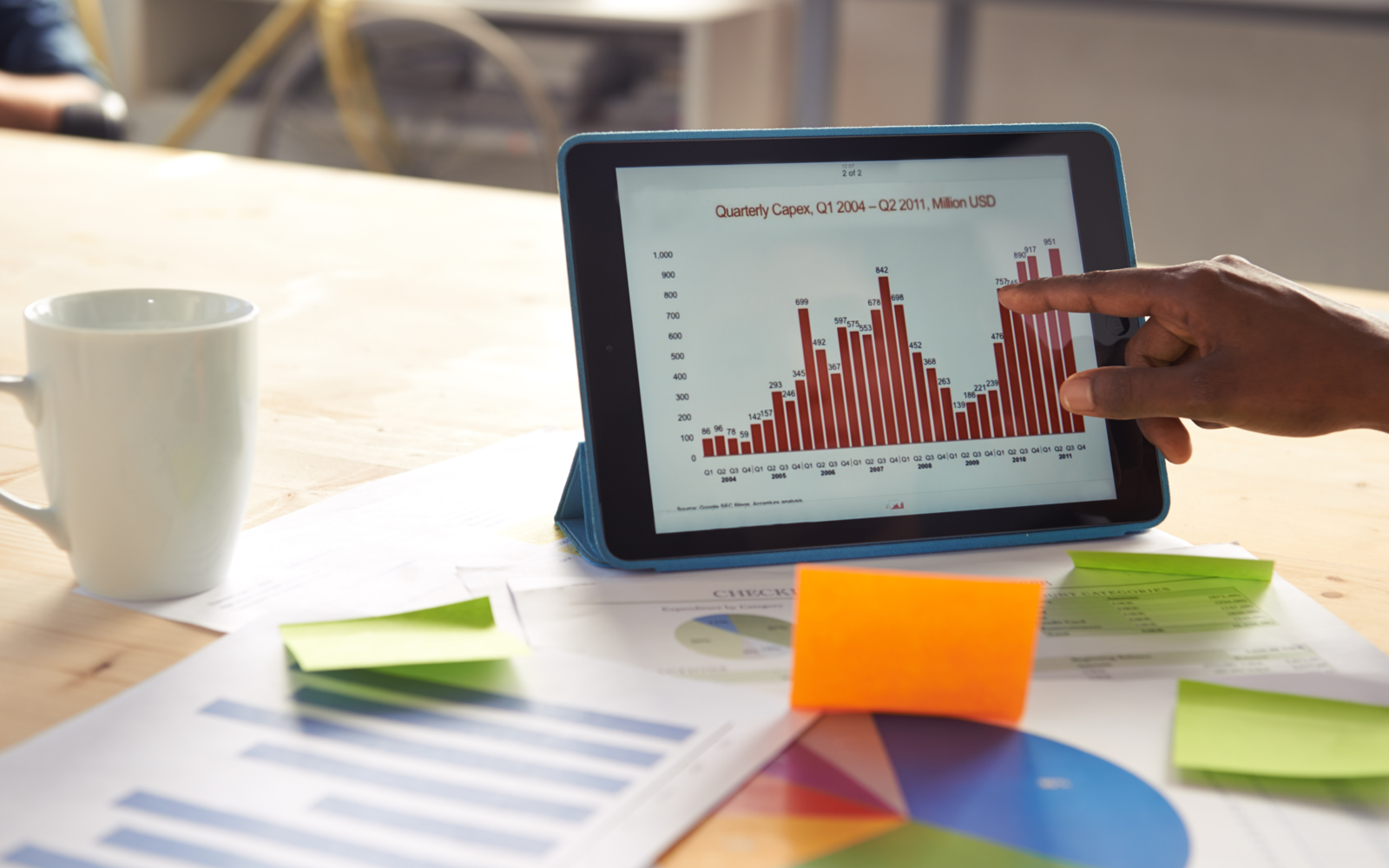 a hand pointing at a tablet